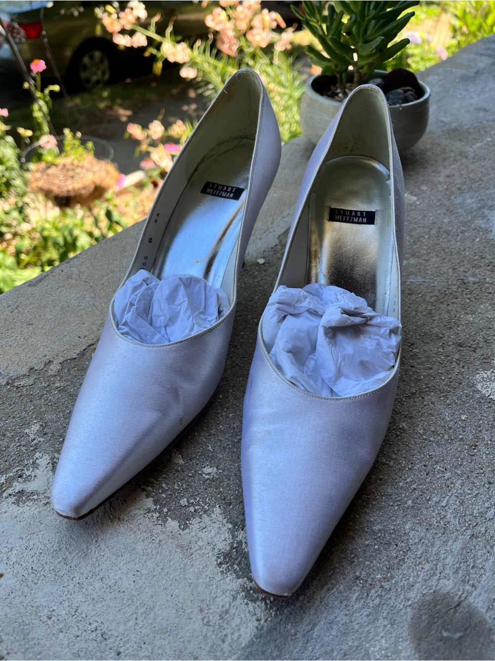 Stuart Weitzman Satin Pointed-Toe Pumps in Pearl - Picture 2 of 9